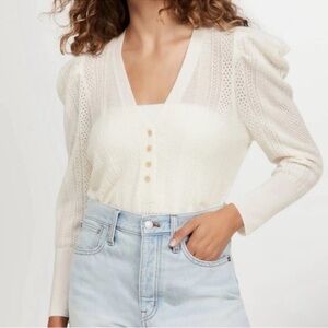$210 Veronica Beard Kirka Henley pullover V neck sweater merino wool ivory L